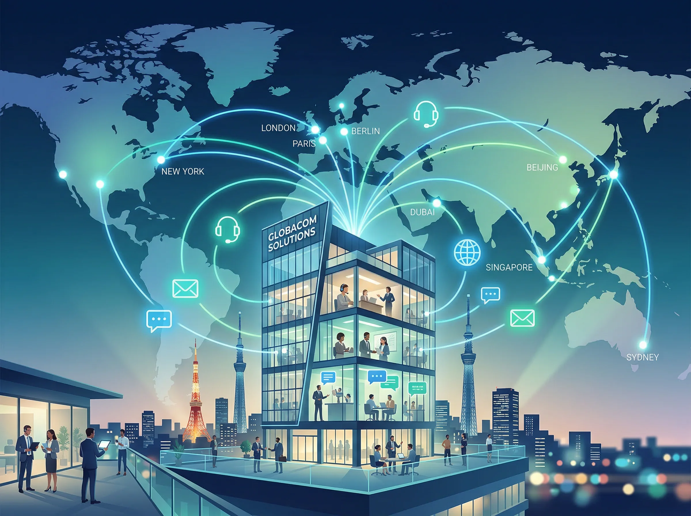 Global communication network connecting professionals across continents and languages